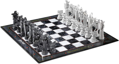 Chessboard with fantasy-themed pieces on a checkered board