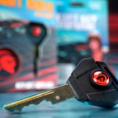 Key with a distinctive logo on a blurred background