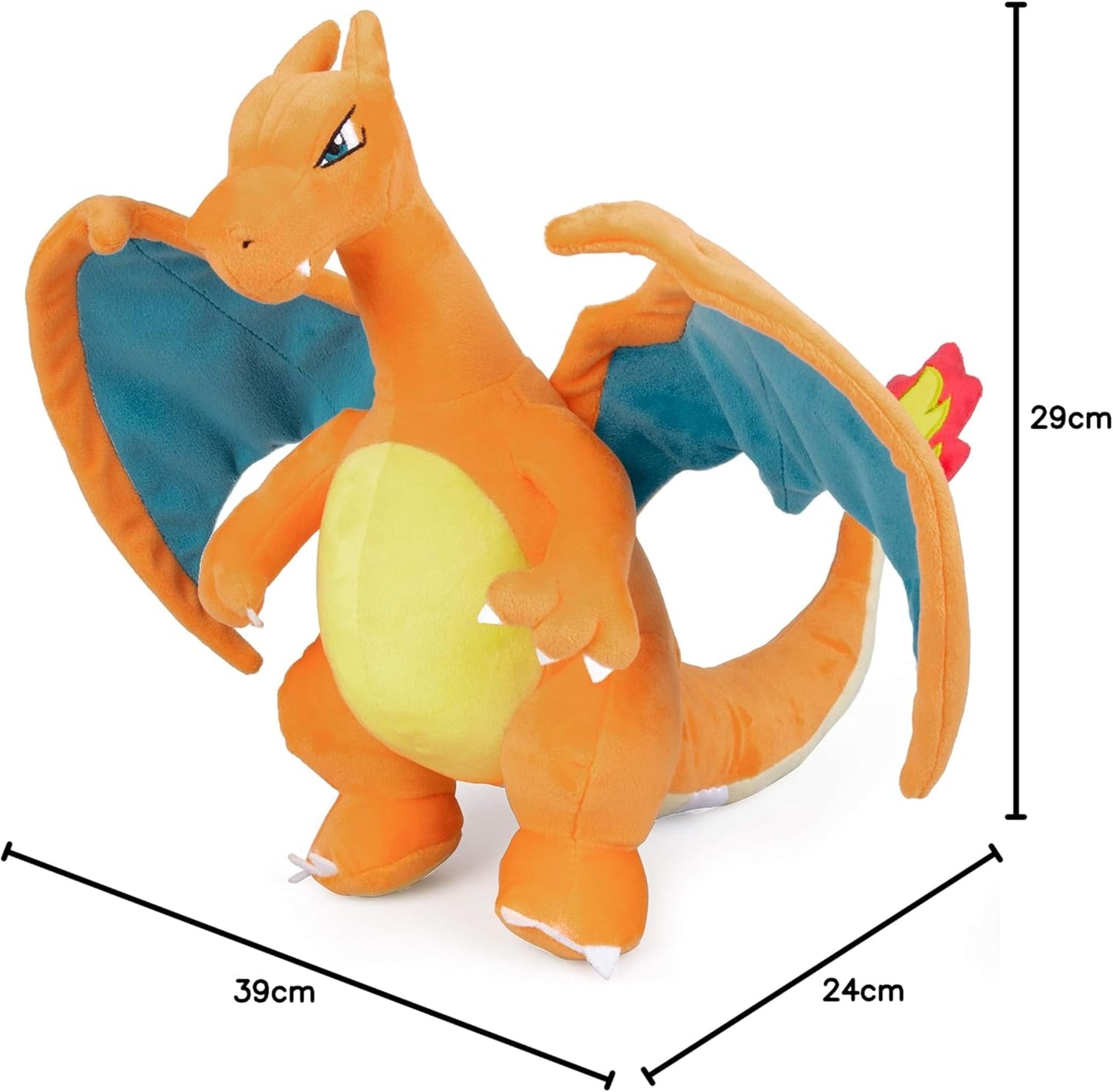 Plush toy Pokemon Charizard with measurements on a white background