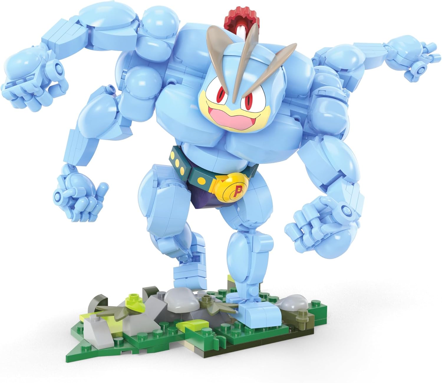 Toy Machamp figure of a blue robot-like character with a red crest on a white background