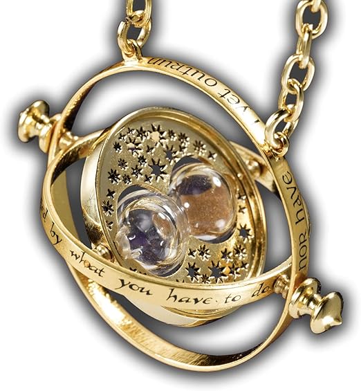 Gold necklace with a circular pendant featuring stars and text on a white background