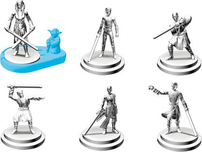 Set of six miniature figurines on round bases with a blue base featuring a small figure.