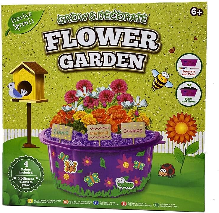 Box for a 'Grow & Decorate Flower Garden' kit with flowers, birdhouse, and garden elements.