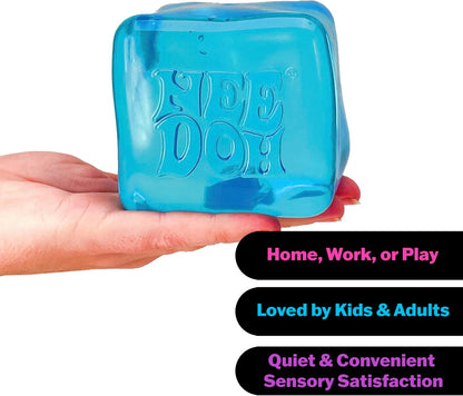Blue cube-shaped stress cube with 'NEE DOH' branding held in a hand, on a white background.