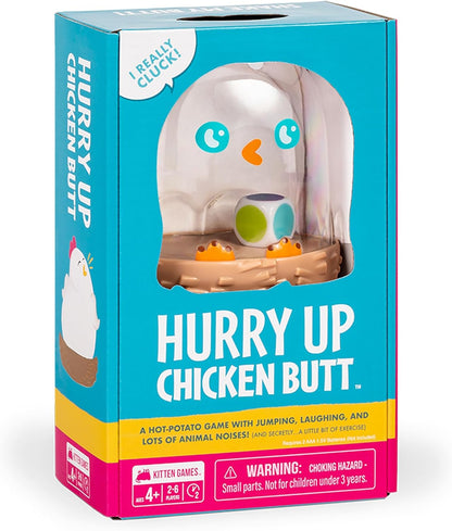 Box of 'Hurry Up Chicken Butt' game with colorful design and toy illustration.
