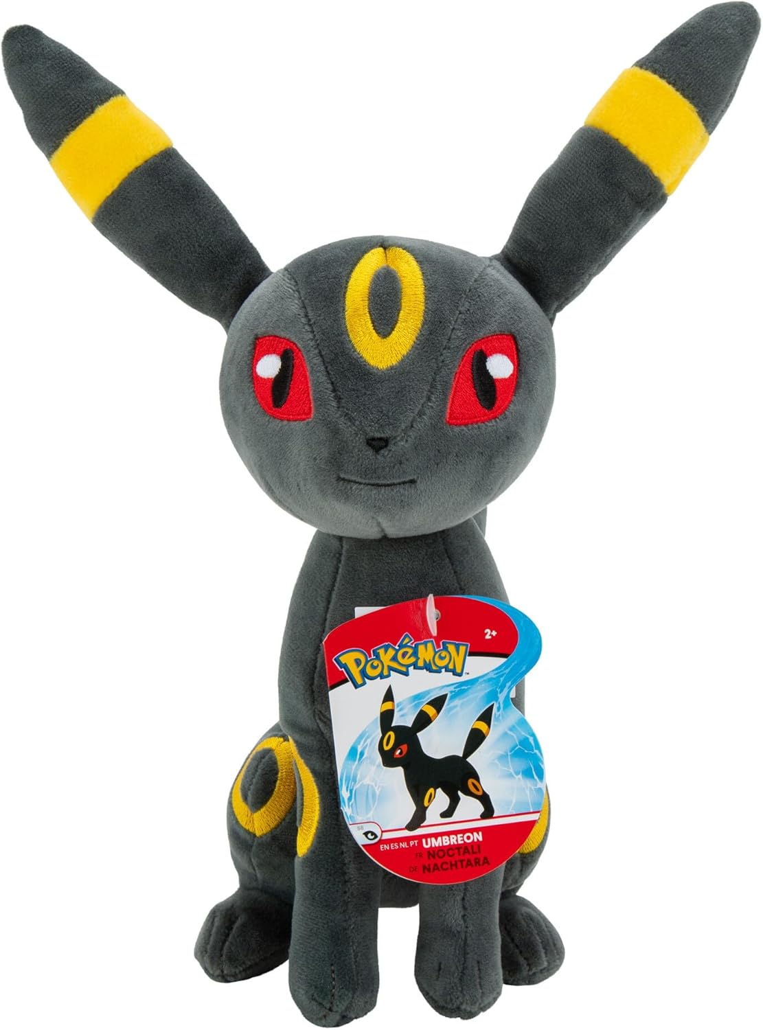 Plush toy of Umbreon from Pokémon with a tag on a white background