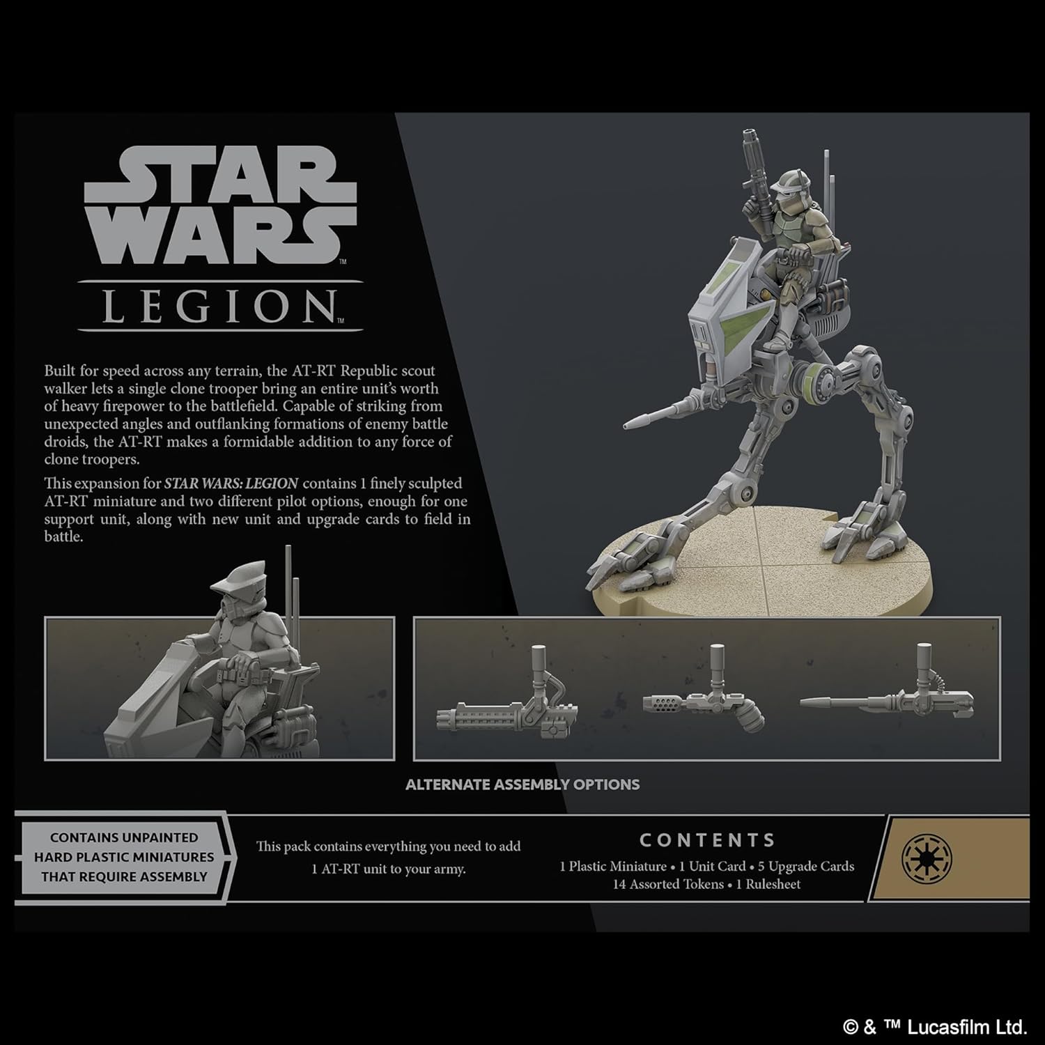 Star Wars Legion AT-RT Republic scout walker model with packaging details.