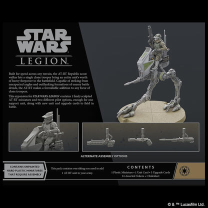 Star Wars Legion AT-RT Republic scout walker model with packaging details.