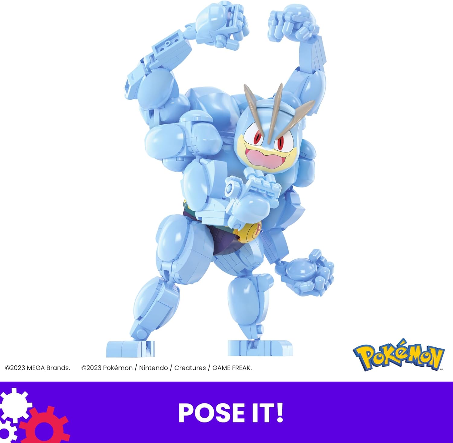 Toy figure of a blue robot-like creature with a yellow face on a white background, featuring the Pokémon logo.