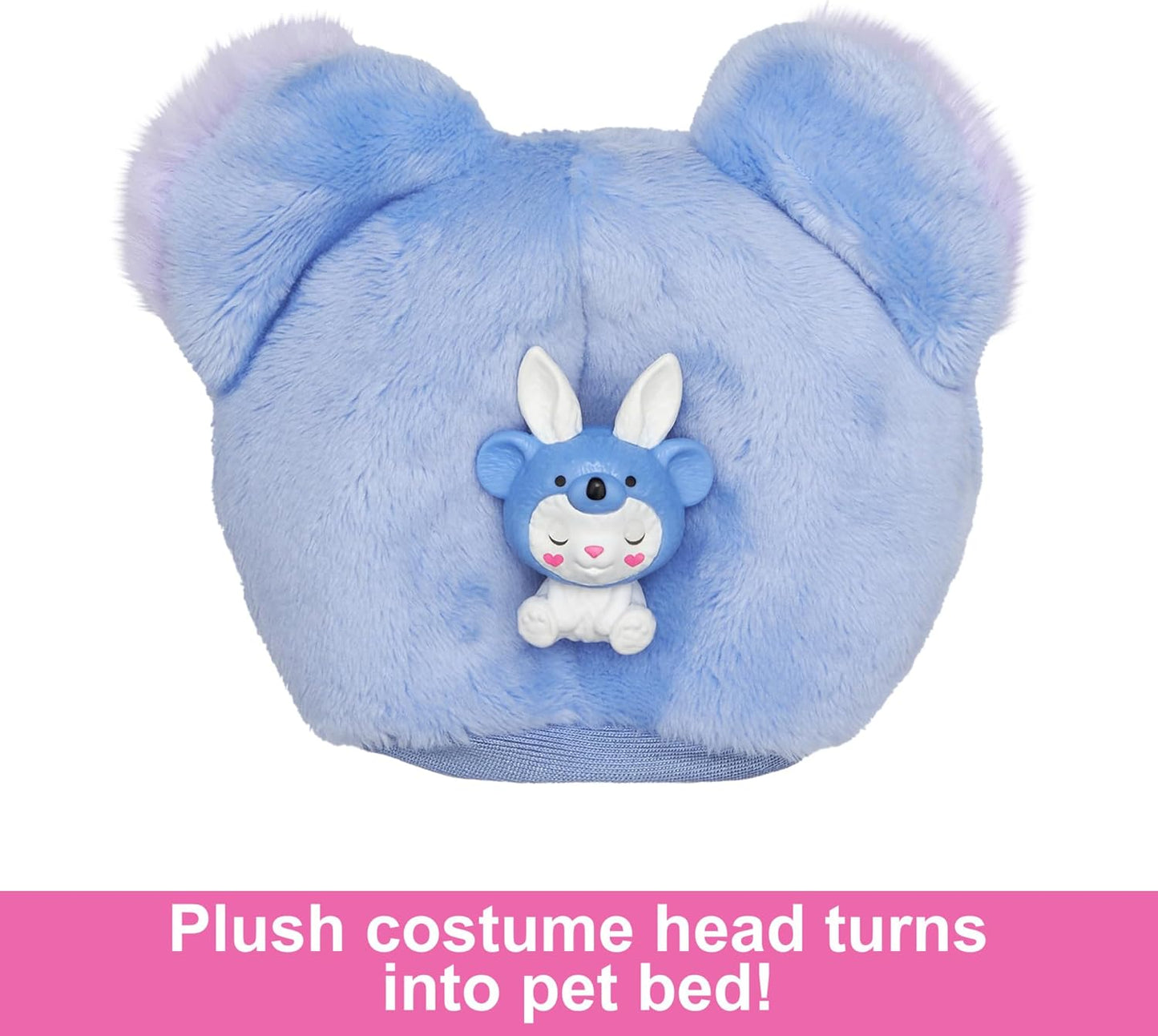 Blue plush costume head with bunny design on a white background