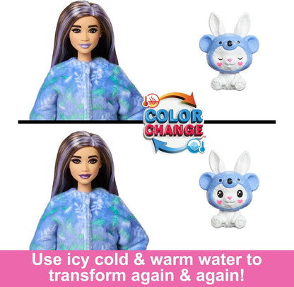 Toy doll with color-changing feature and small rabbit-like creature on a white background