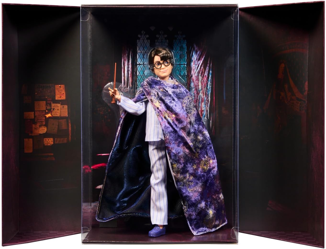 Harry Potter figure in a display case with a dark, mystical background