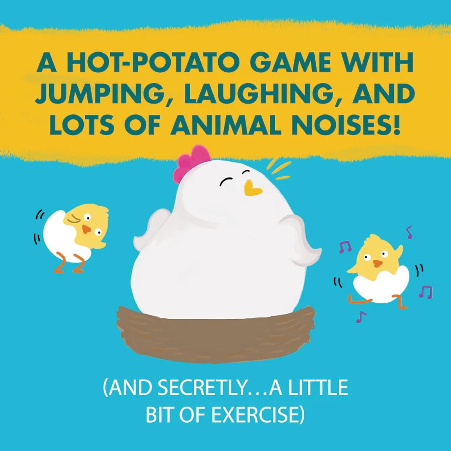 Cartoon chicken in a nest with two chicks and text about a hot-potato game and animal noises.
