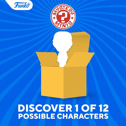 Yellow box with a white figure inside on a blue background with Funko logo and text about Mystery Minis.