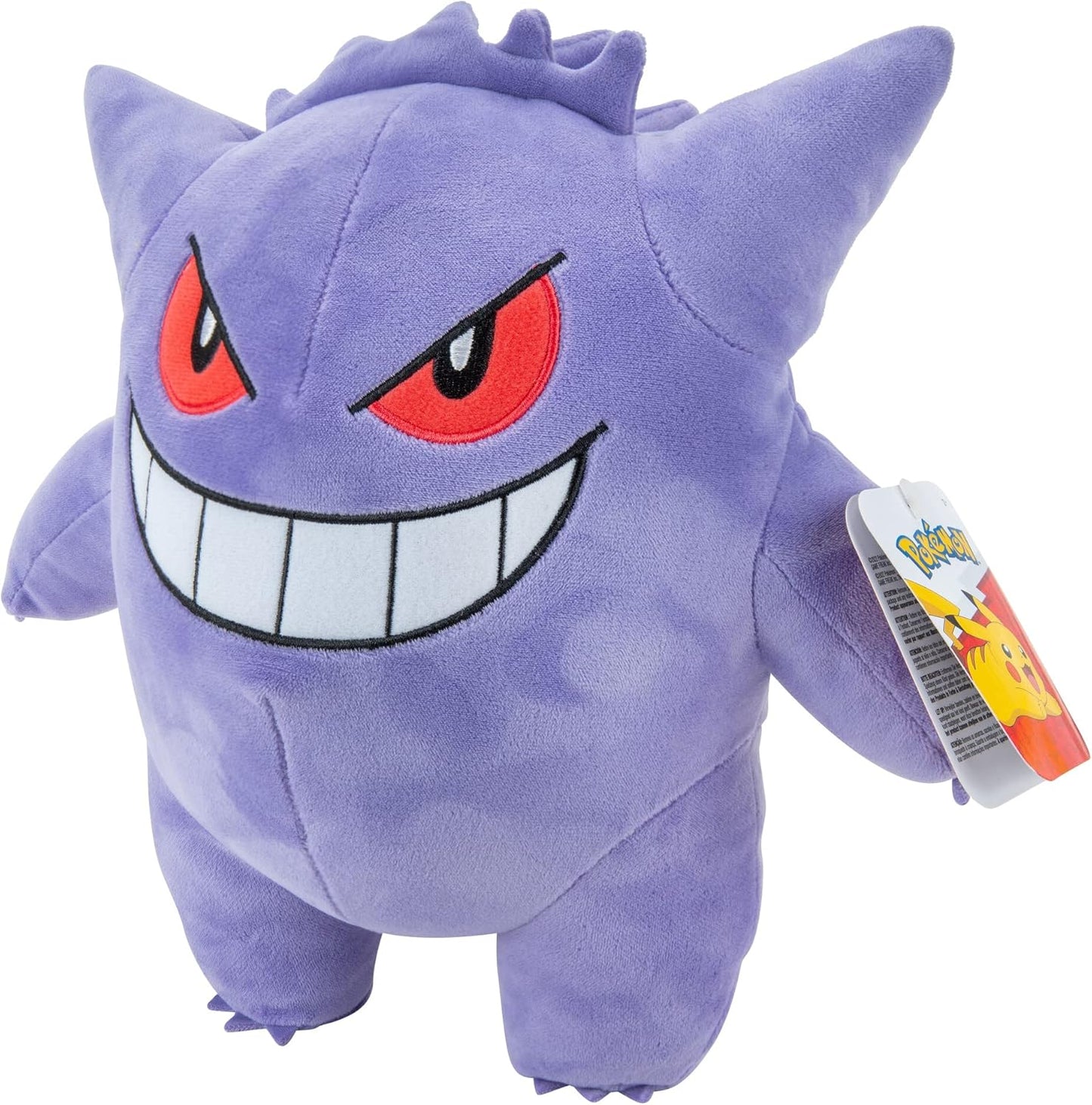 Pokemon Gengar plush toy with red eyes and a wide grin, featuring a tag on a white background