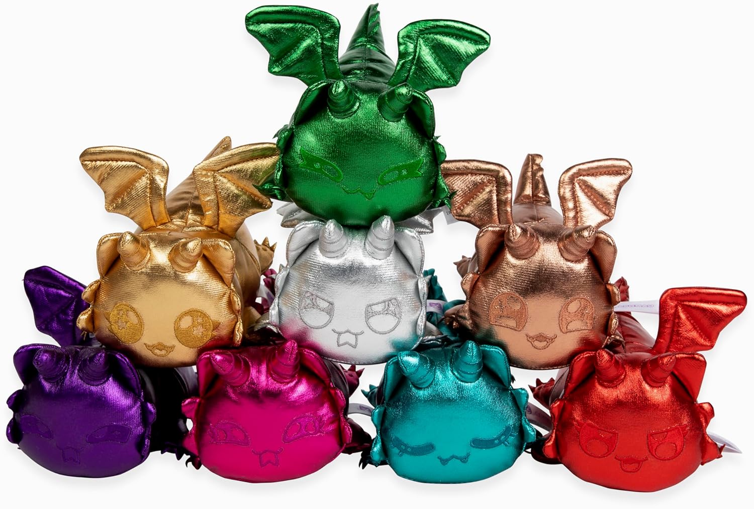 Colorful dragon-shaped plush toys on a white background