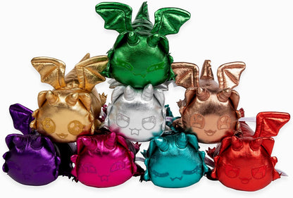 Colorful dragon-shaped plush toys on a white background