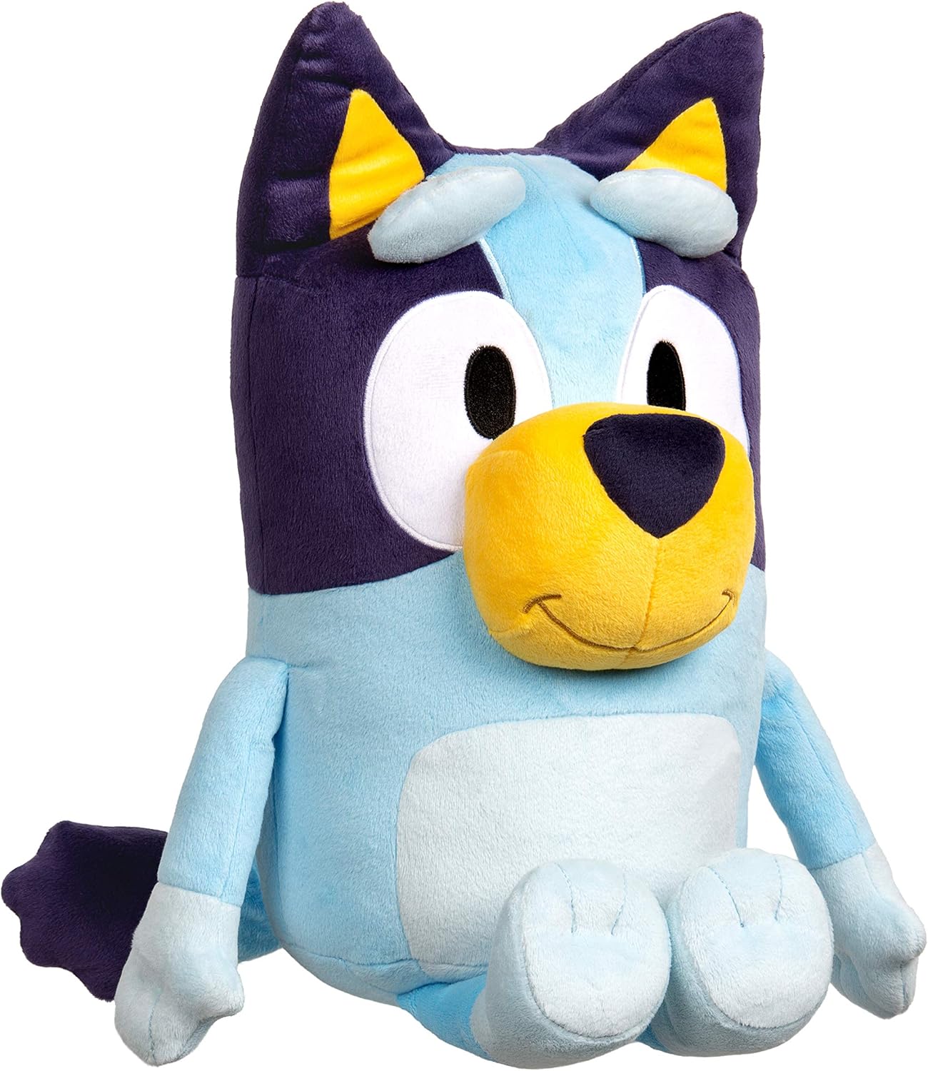 Bluey is a Plush toy of a cartoon character with blue, yellow, and purple colors on a white background