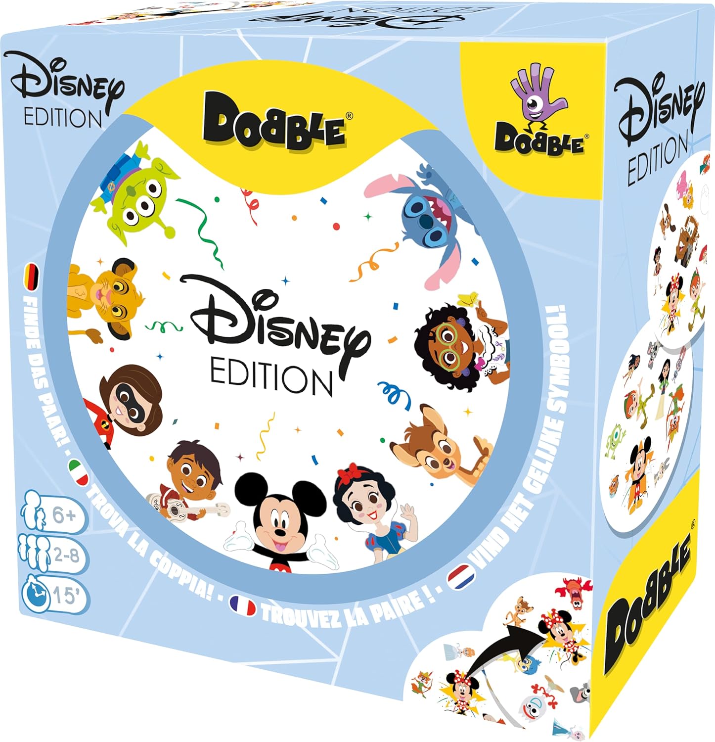 Disney Edition Dobble game box with cartoon characters on a blue background