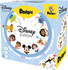 Disney Edition Dobble game box with cartoon characters on a blue background