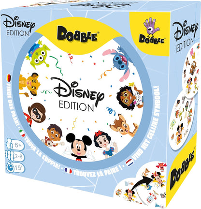Disney Edition Dobble game box with cartoon characters on a blue background