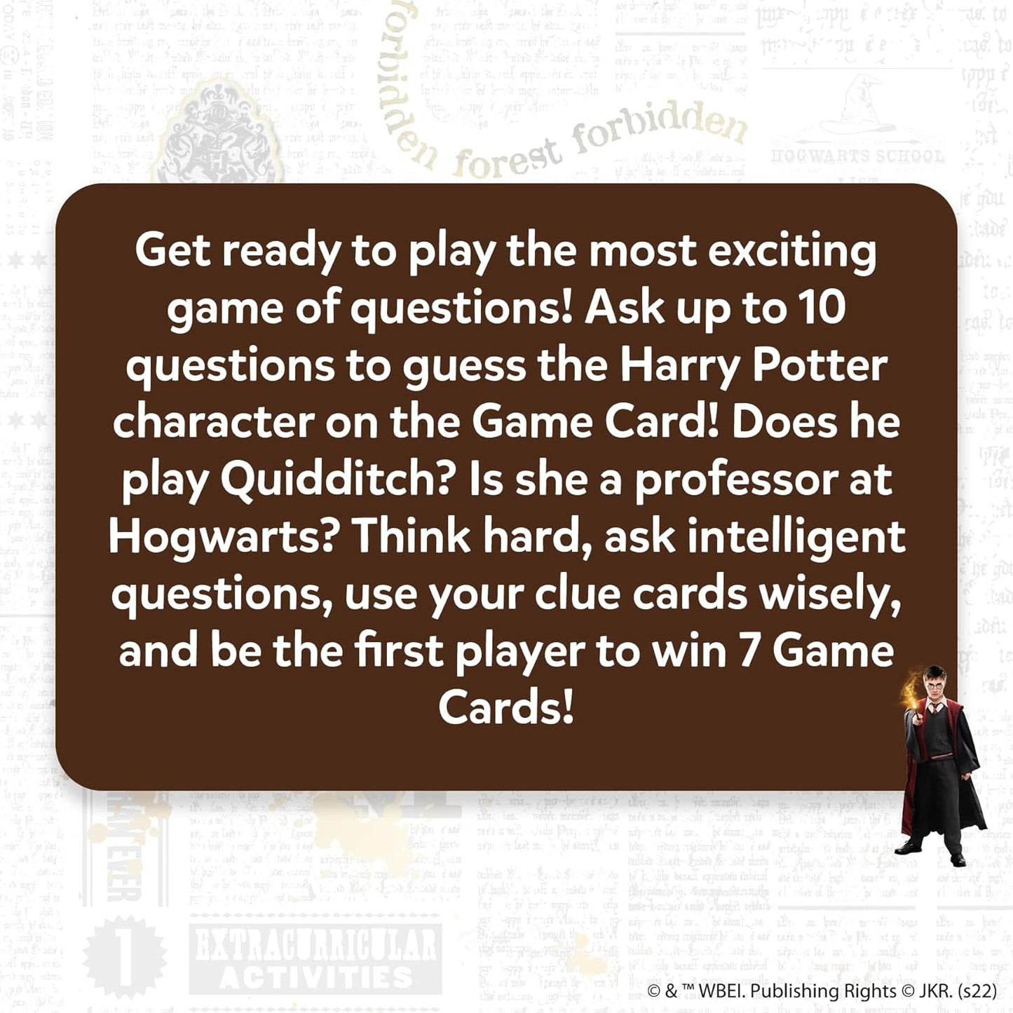 Promotional text for a Harry Potter-themed game with a character in a robe on a white background.