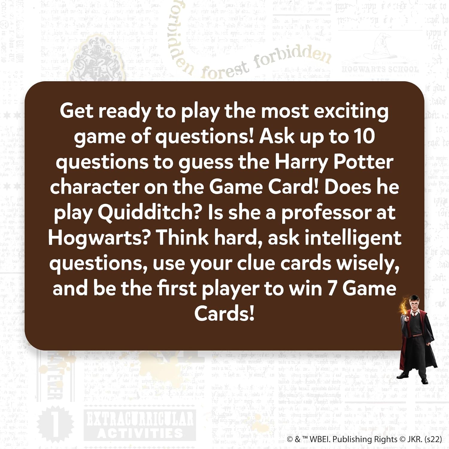 Promotional text for a Harry Potter-themed game with a character in a robe on a white background.