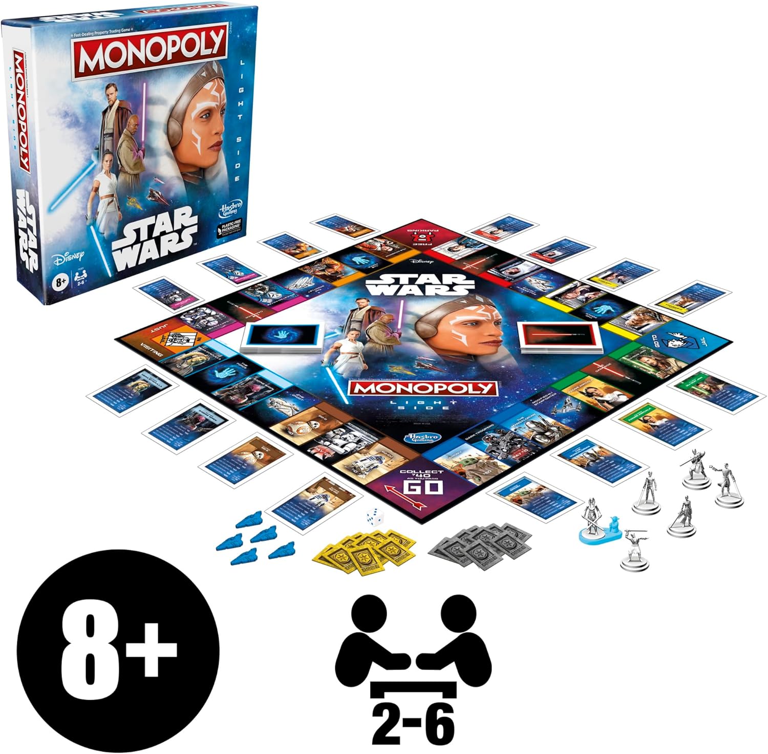 Star Wars Monopoly game set with board, pieces, and packaging on a white background