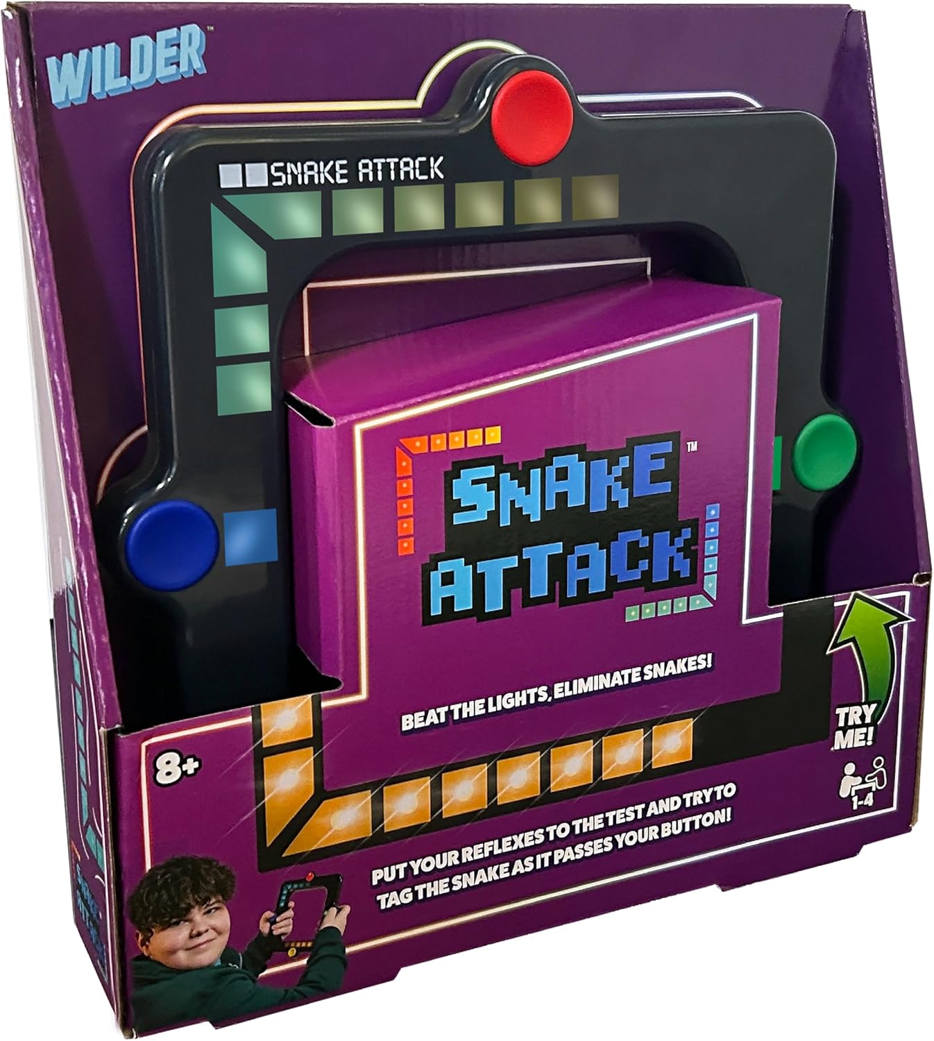 Product packaging of 'Snake Attack' game by Wilder on a purple background