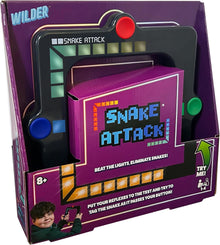 Product packaging of 'Snake Attack' game by Wilder on a purple background
