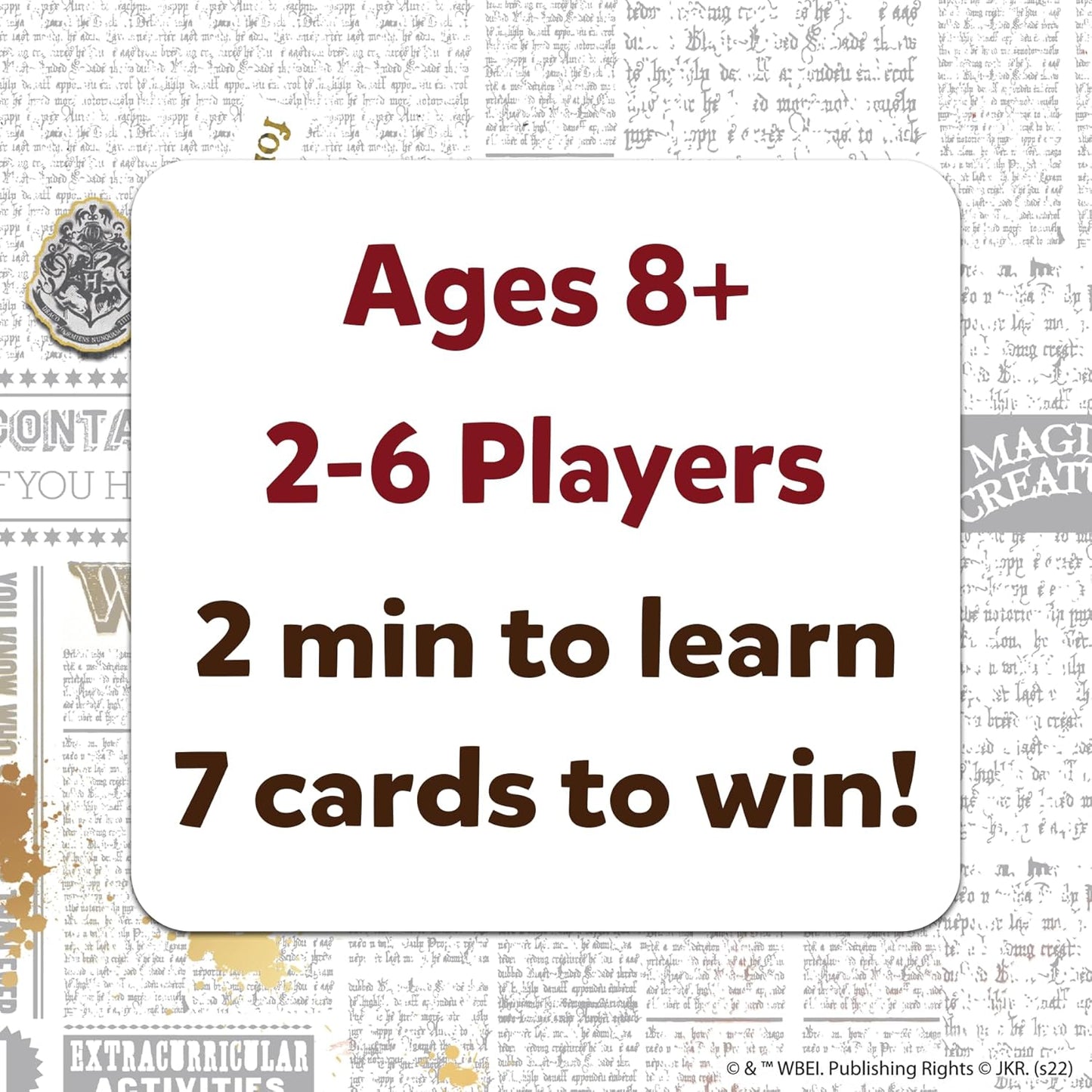 Game card with text about age range, player count, learning time, and winning condition on a patterned background.