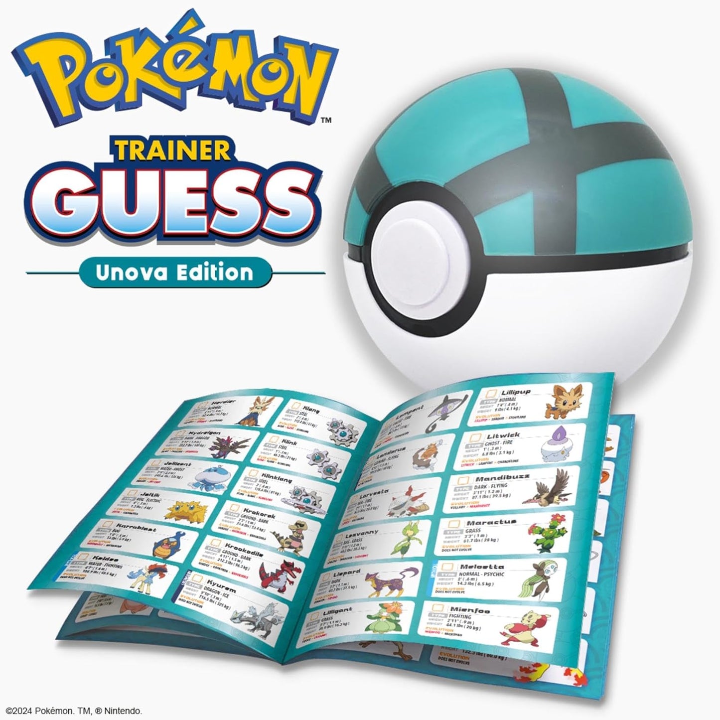 Pokémon Trainer Guess Unova Edition with Poké Ball and card book on a white background