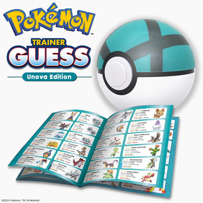Pokémon Trainer Guess Unova Edition with Poké Ball and card book on a white background