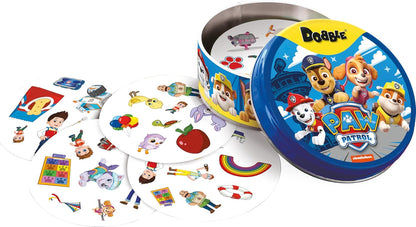 Paw Patrol Dobble board game with tin container on a white background