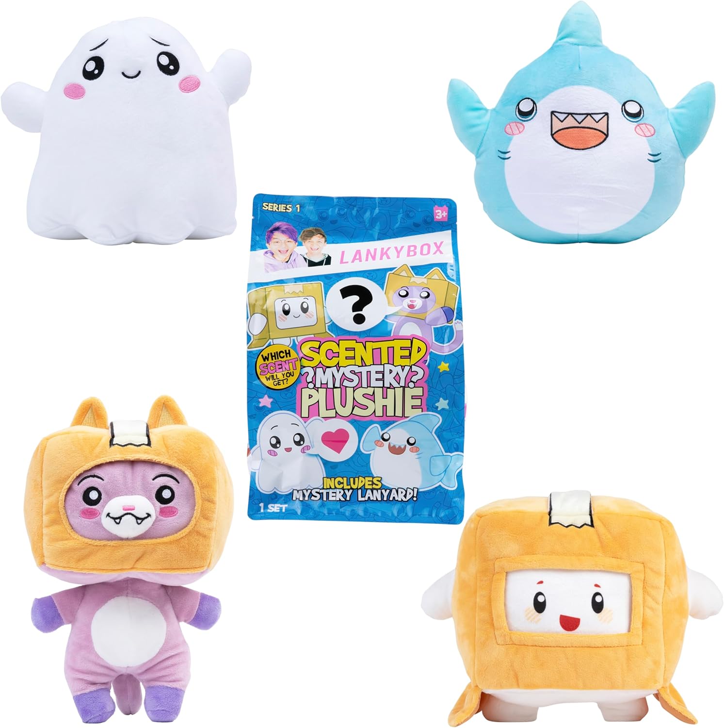 Set of colorful plush toys with a Lankybox packaging featuring scented mystery plushies.