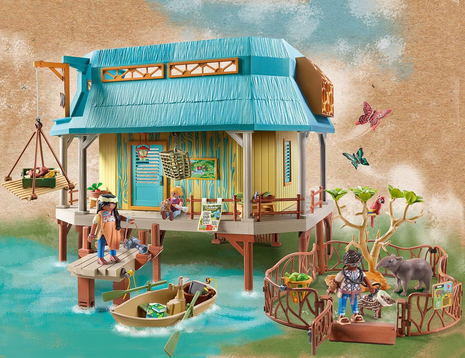 Toy set with a wooden hut by a body of water, boat, and figures on a beige background.