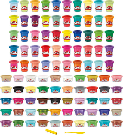 Assorted Play-Doh containers in various colors on a white background