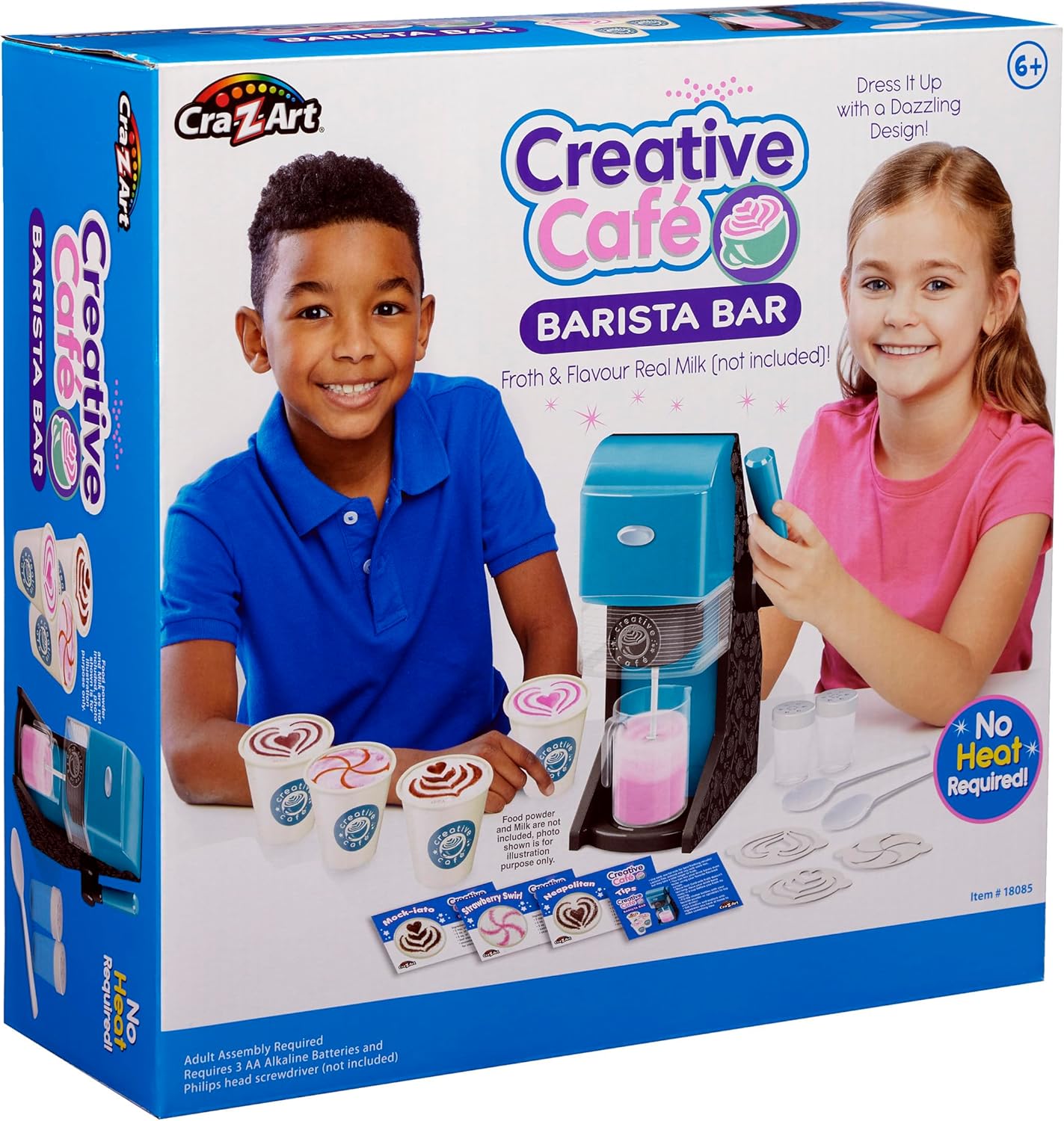 Box of Creative Cafe Barista Bar toy set with two children and product images on a white background