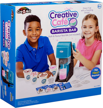 Box of Creative Cafe Barista Bar toy set with two children and product images on a white background