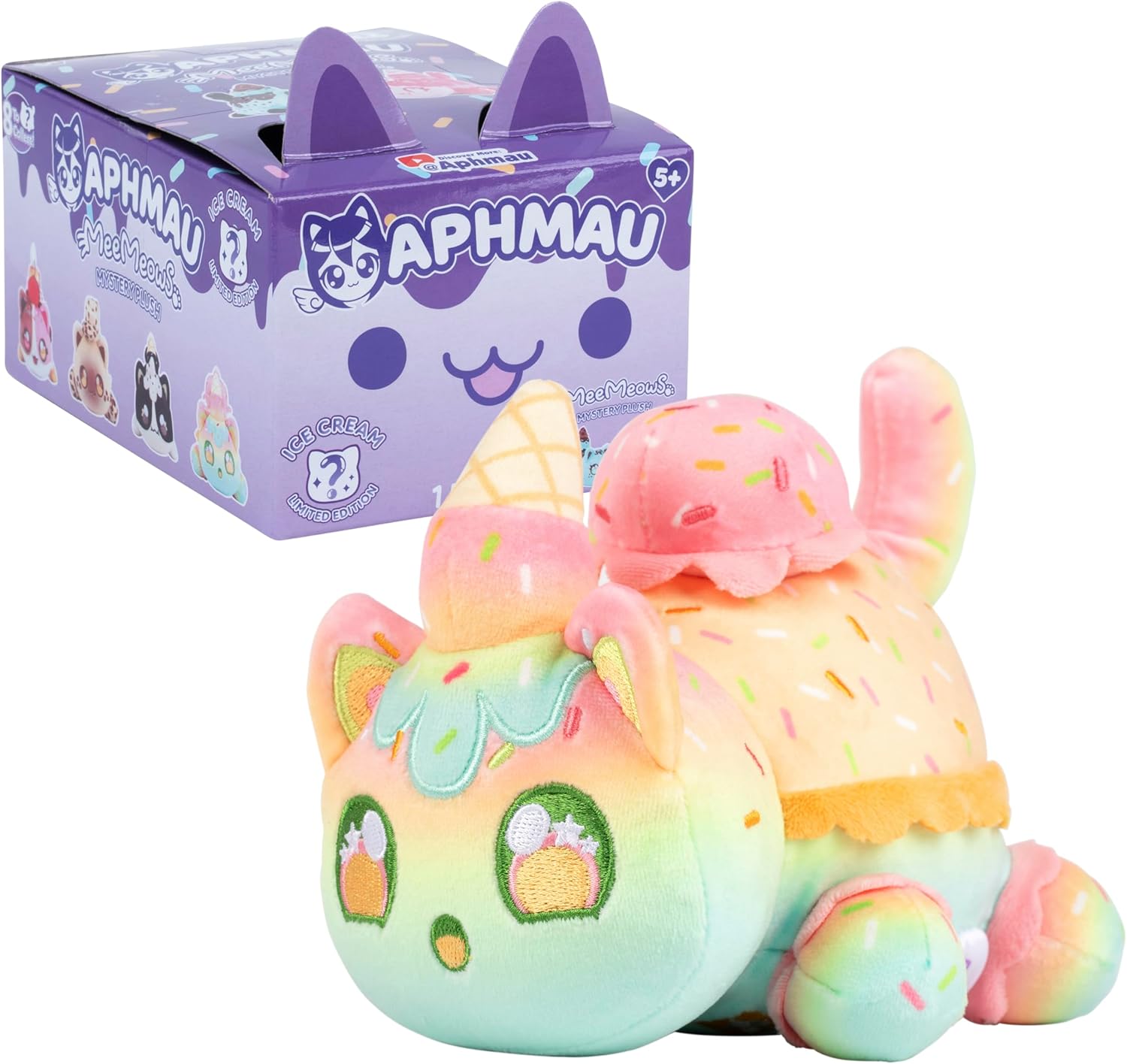 Colorful plush toy with a box featuring the brand 'Aphmau' on a white background