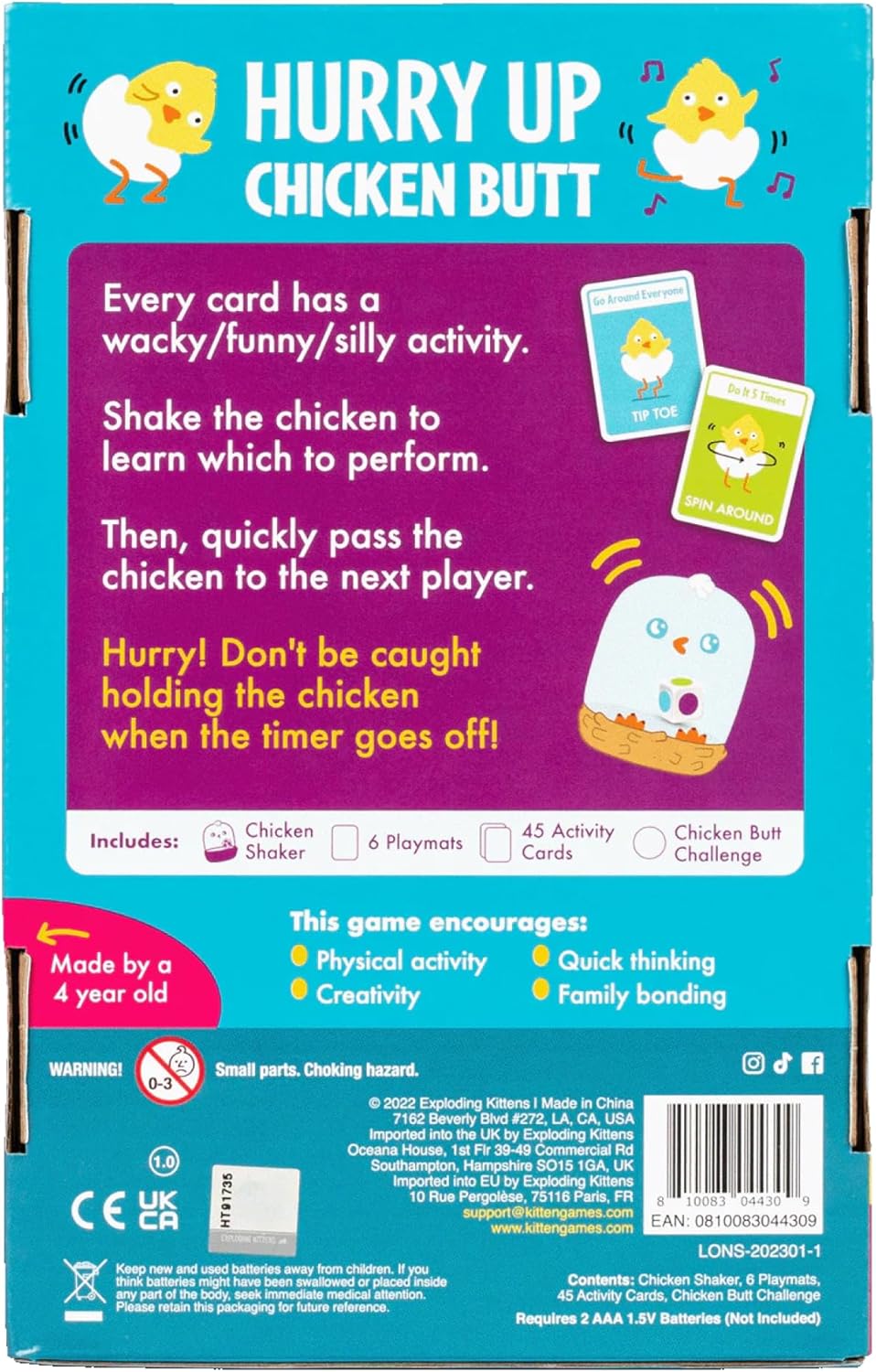 Game box for 'Hurry Up Chicken Butt' with instructions and branding.