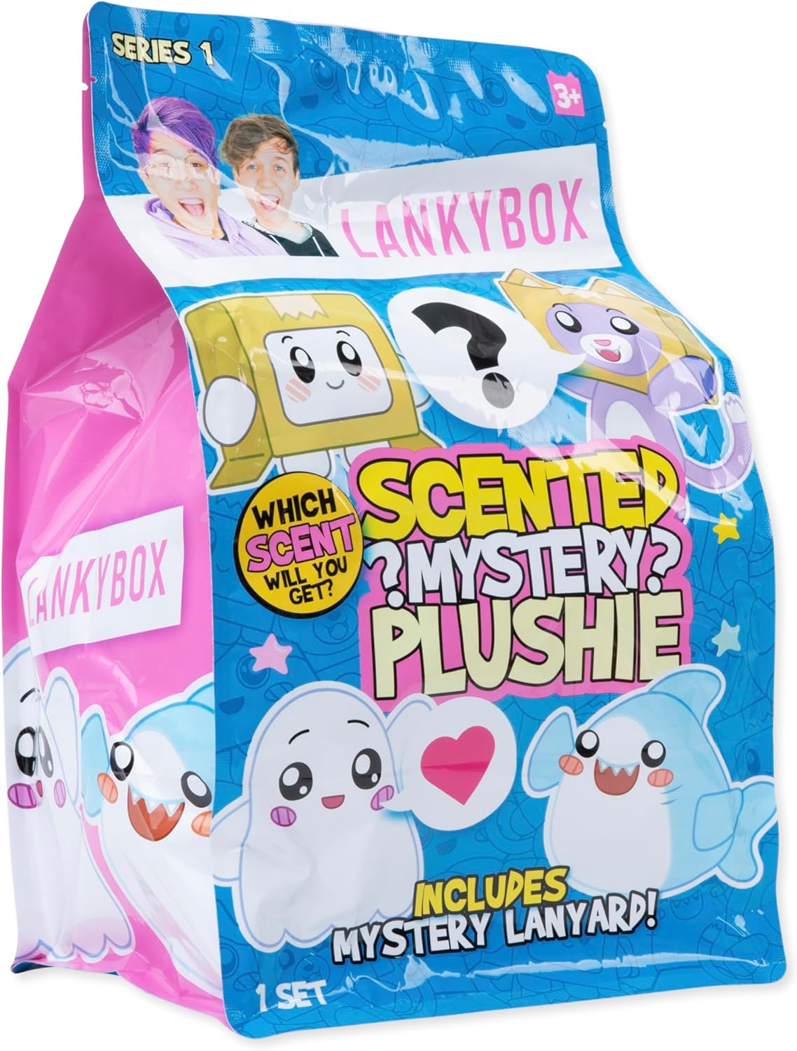 Lankybox scented mystery plushie packaging with cartoon characters on a white background