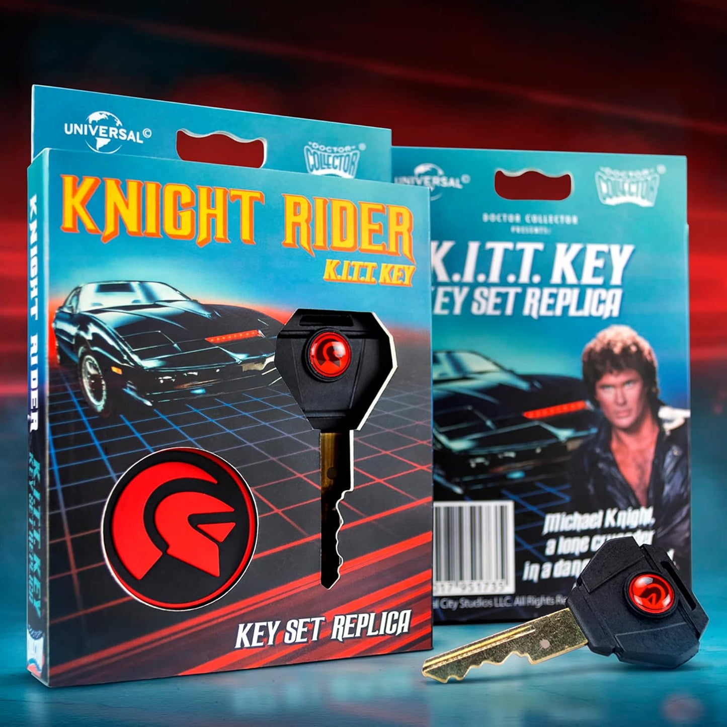 Two 'Knight Rider' key set replicas with packaging featuring the 'Knight Rider' logo and Kitt car.