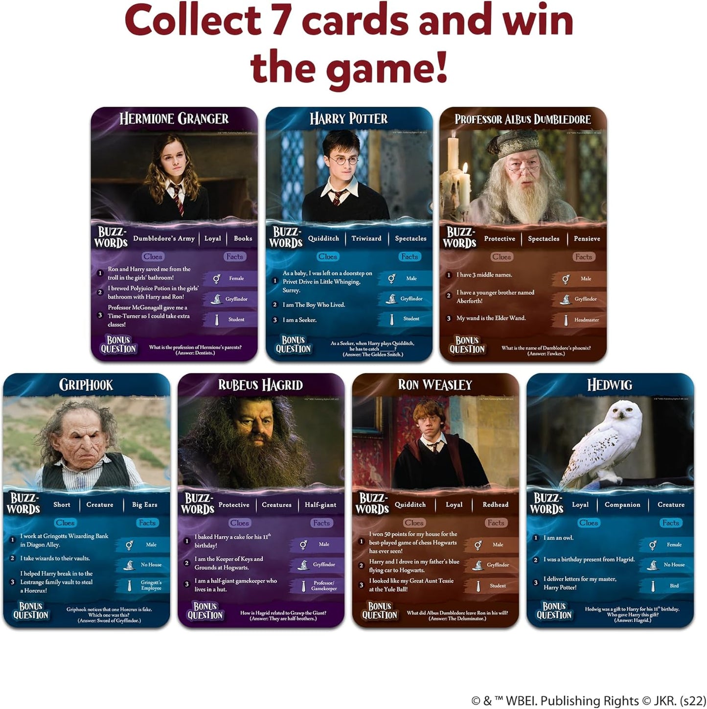 Set of cards featuring characters from a Harry Potter-themed game with promotional text.