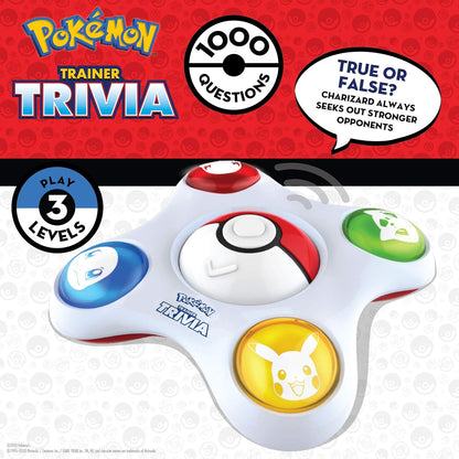 Pokémon Trainer Trivia game with colorful buttons and Poké Ball design on a red and white background.