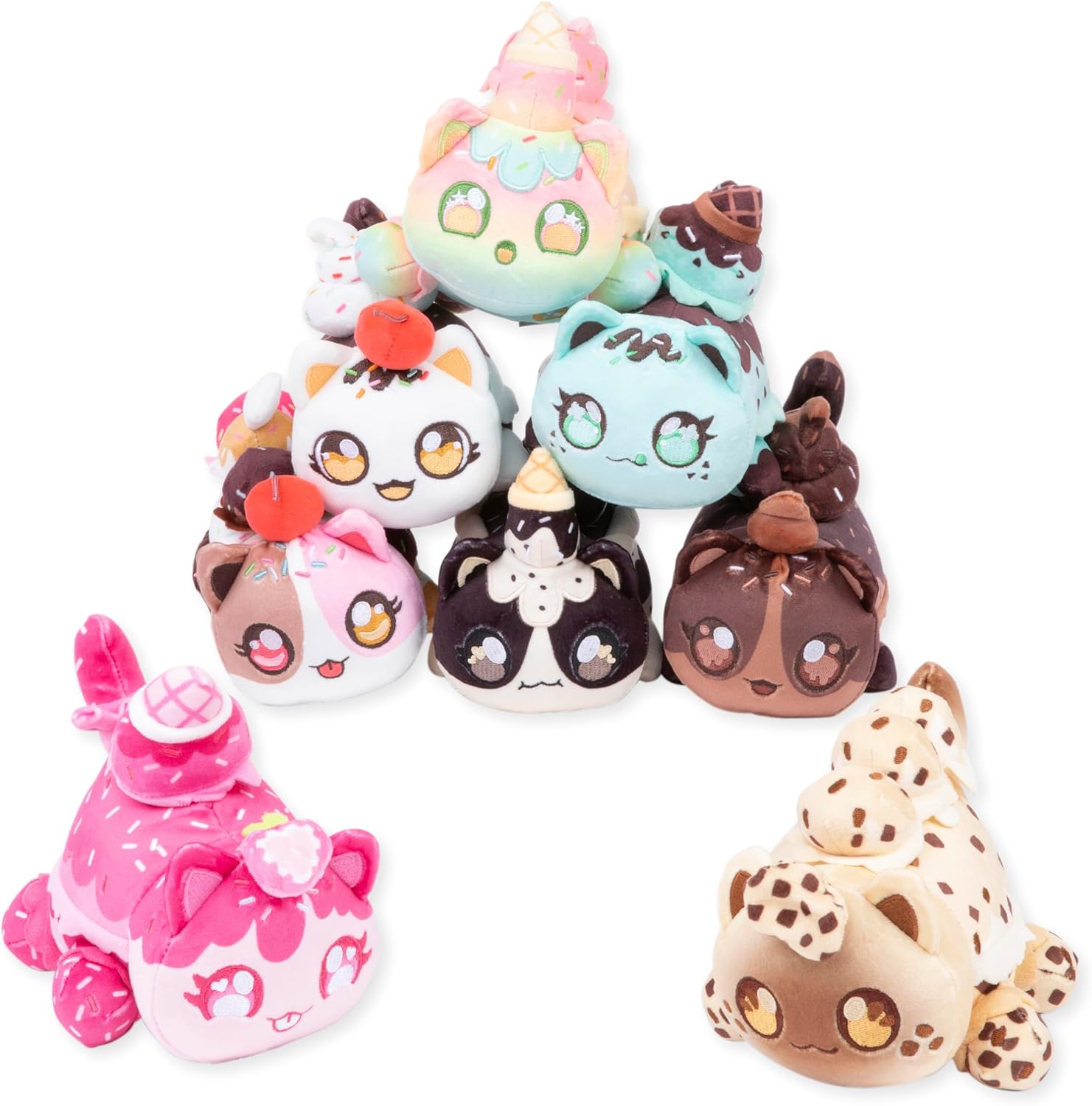Collection of colorful plush toys with animal designs on a white background