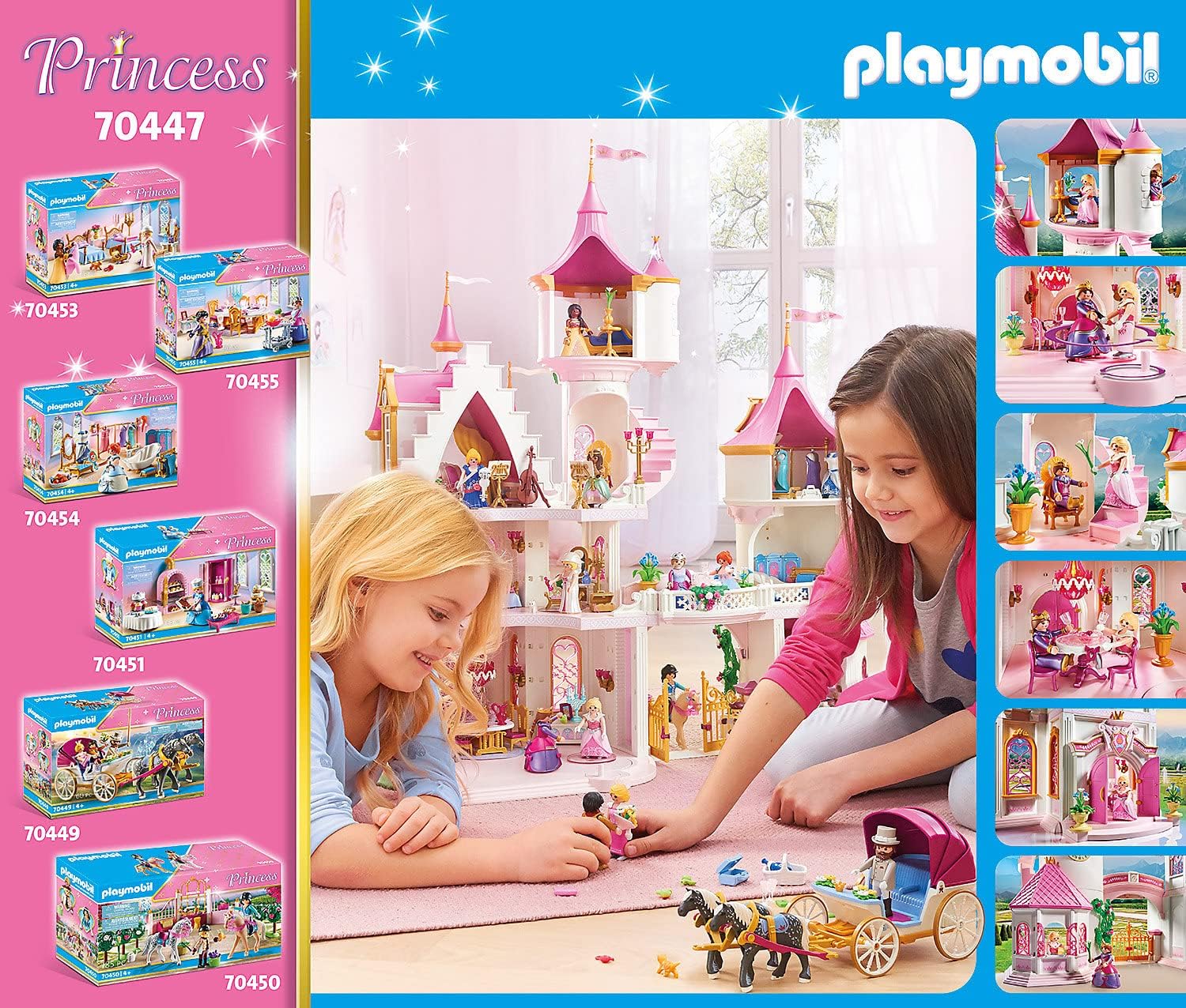 Playmobil Princess toy set packaging with children playing and product listings.