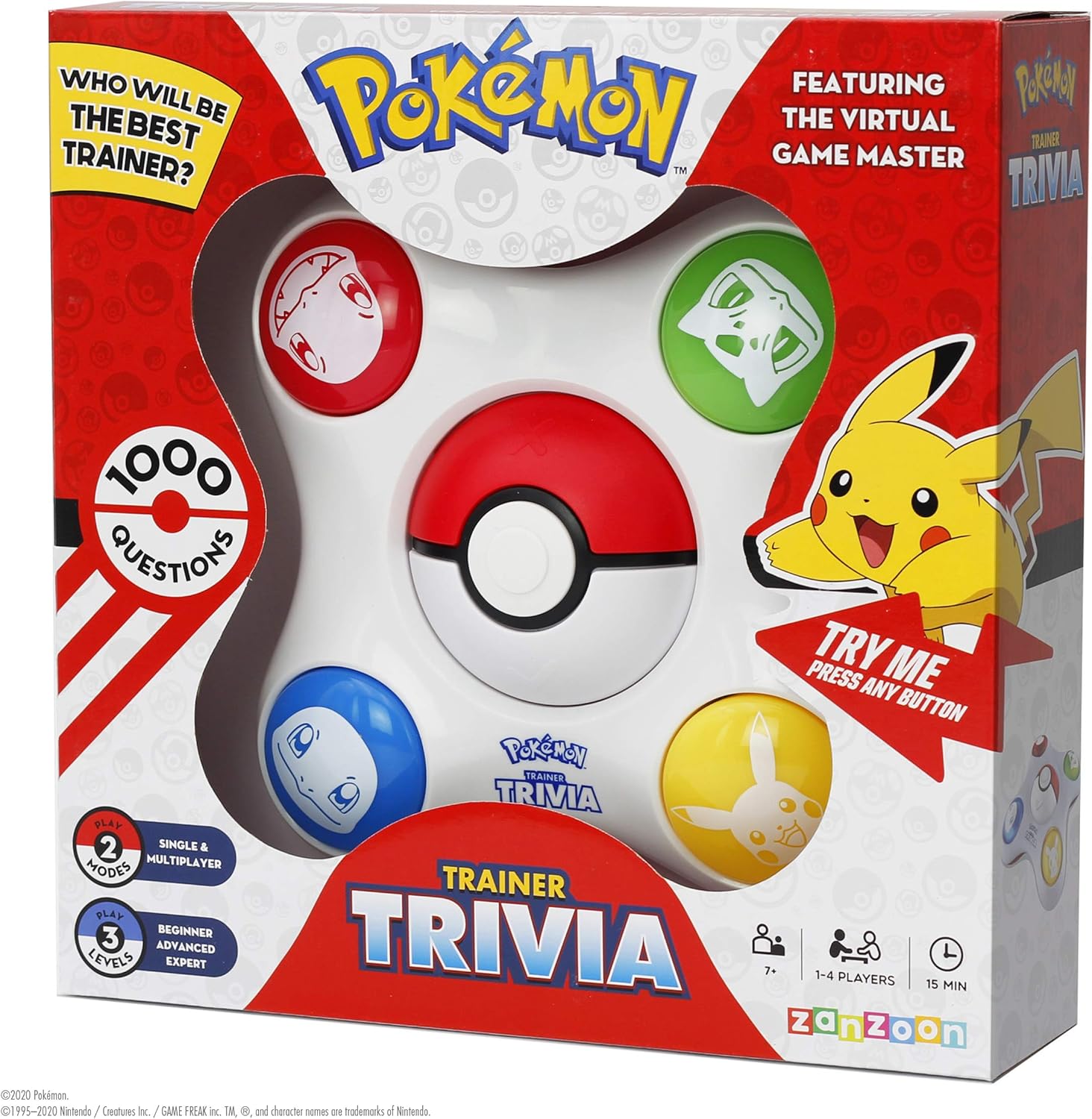 Pokémon Trainer Trivia game box with Pikachu on a red background