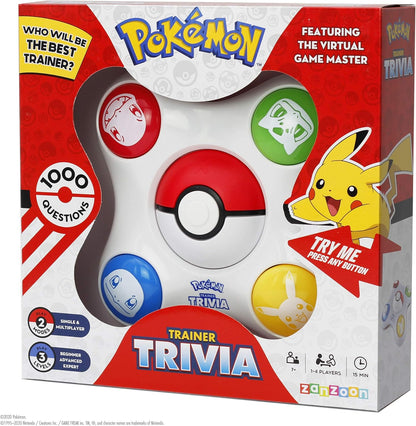 Pokémon Trainer Trivia game box with Pikachu on a red background