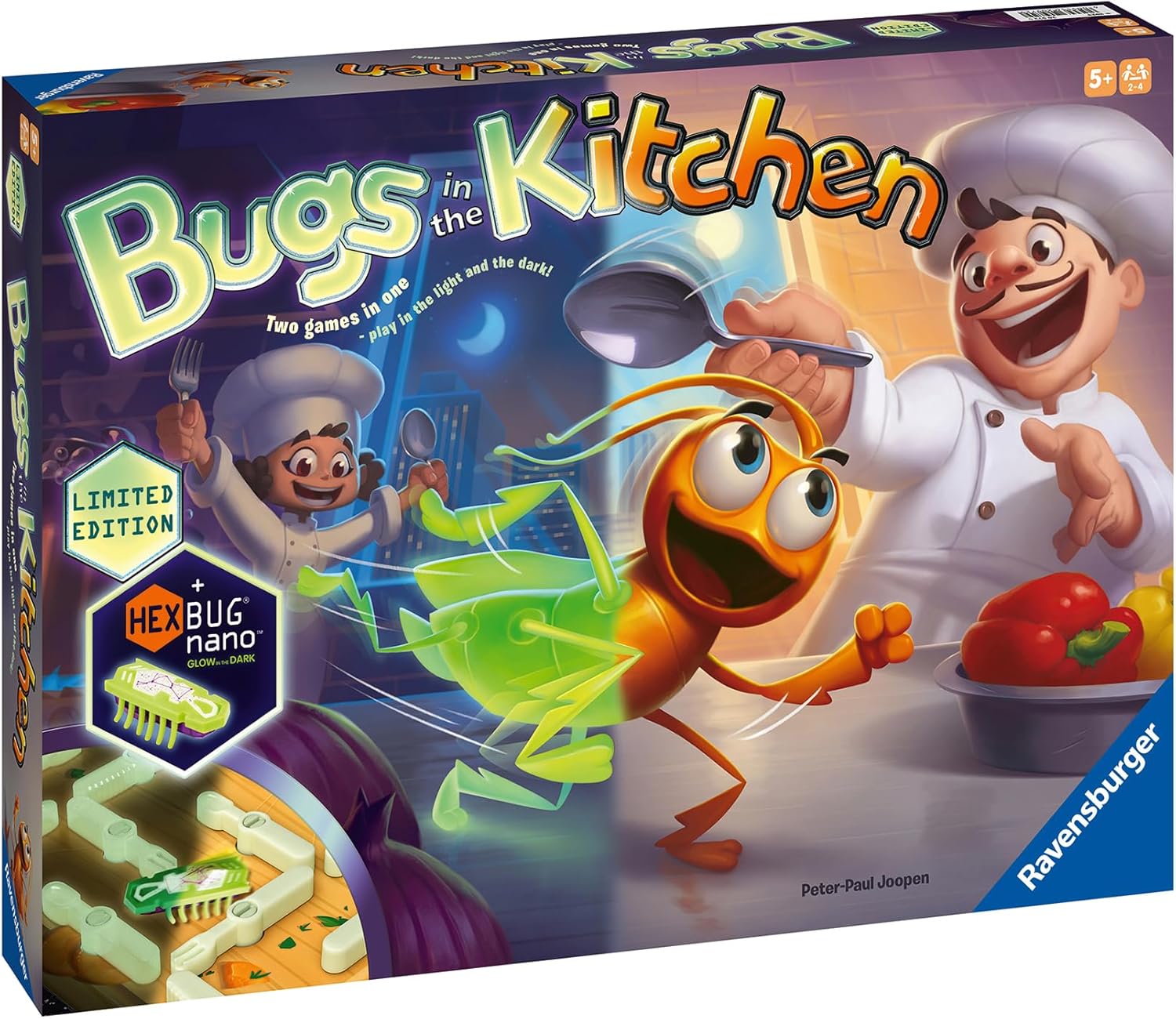 Board game box titled 'Bugs in the Kitchen' with cartoon characters and a HEXBUG nano logo.